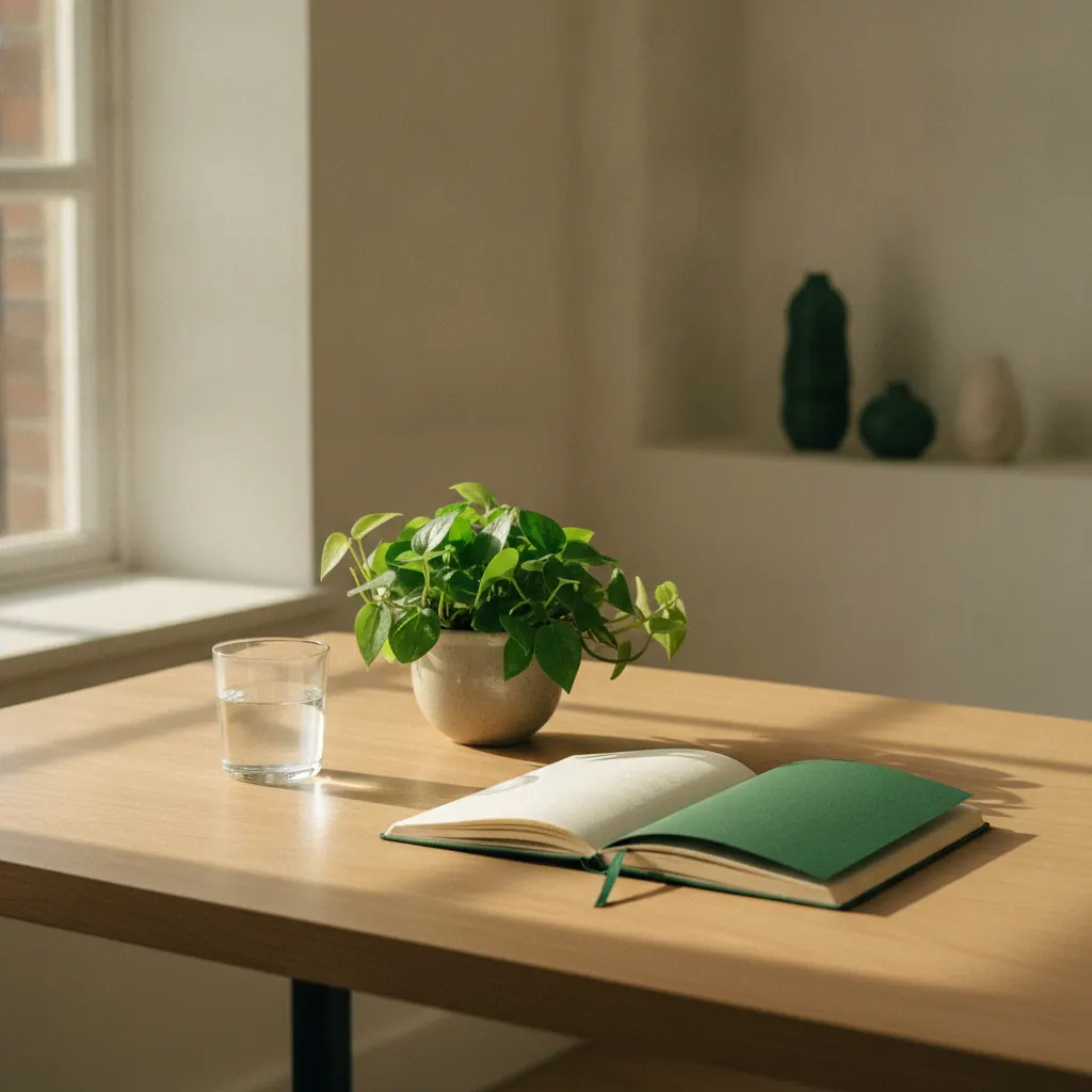 A calm organised workspace with a small potted plant a notebook and a glass of water on a light wooden desk