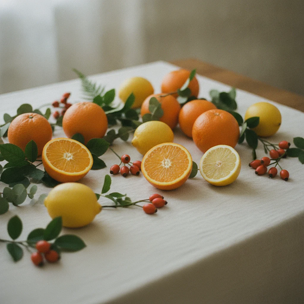 Fresh citrus fruits and green leaves arranged on a light stone kitchen surface for vitamin C ingredient display