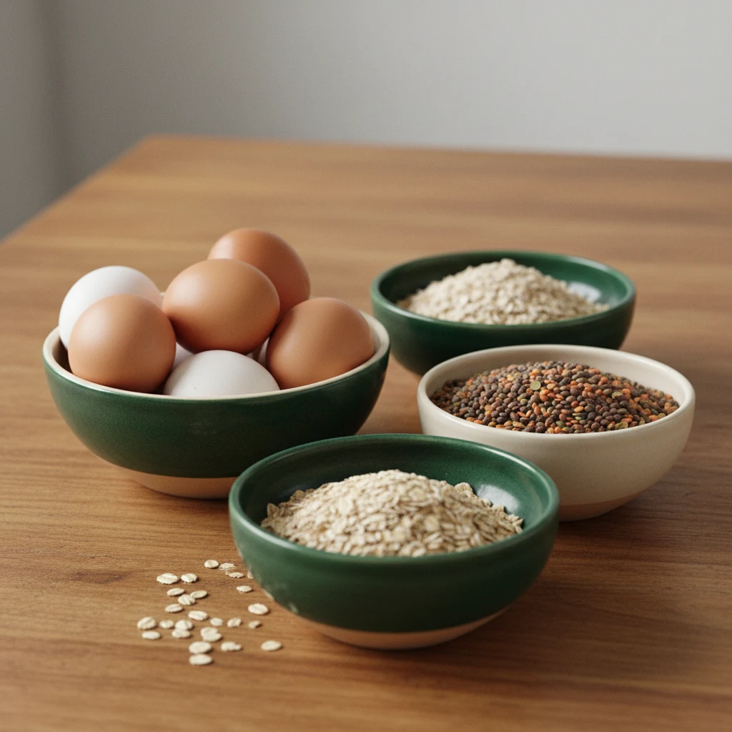 Whole eggs wholegrains and dried legumes in ceramic bowls on a wooden table, B vitamin food sources