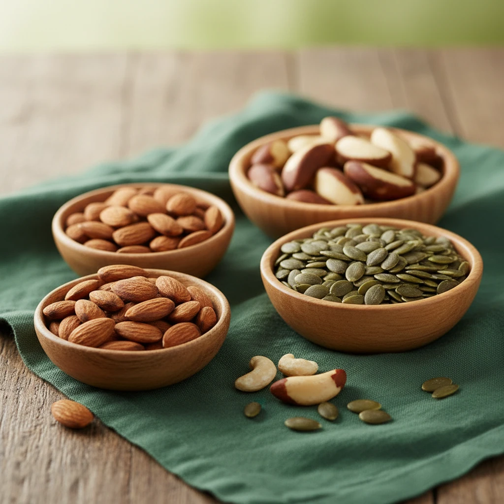 Mixed nuts seeds and Brazil nuts in wooden bowls on a dark green linen surface, minerals food sources