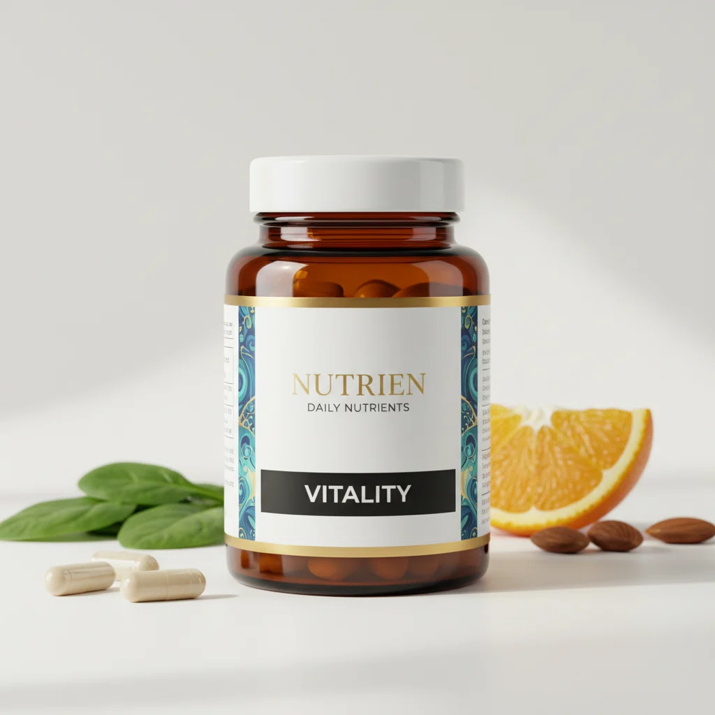 Nutrien Daily Nutrients amber glass supplement jar with label showing product name